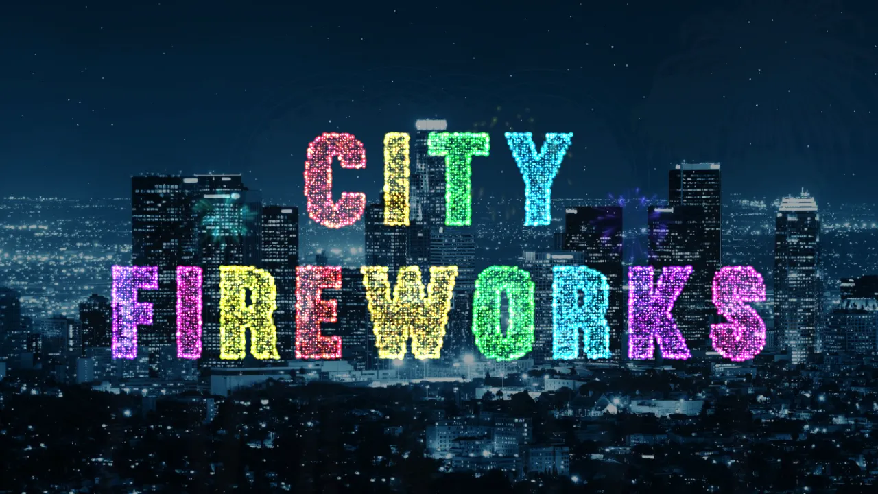 Testo con fuochi d'artificio sopra la foto di una città