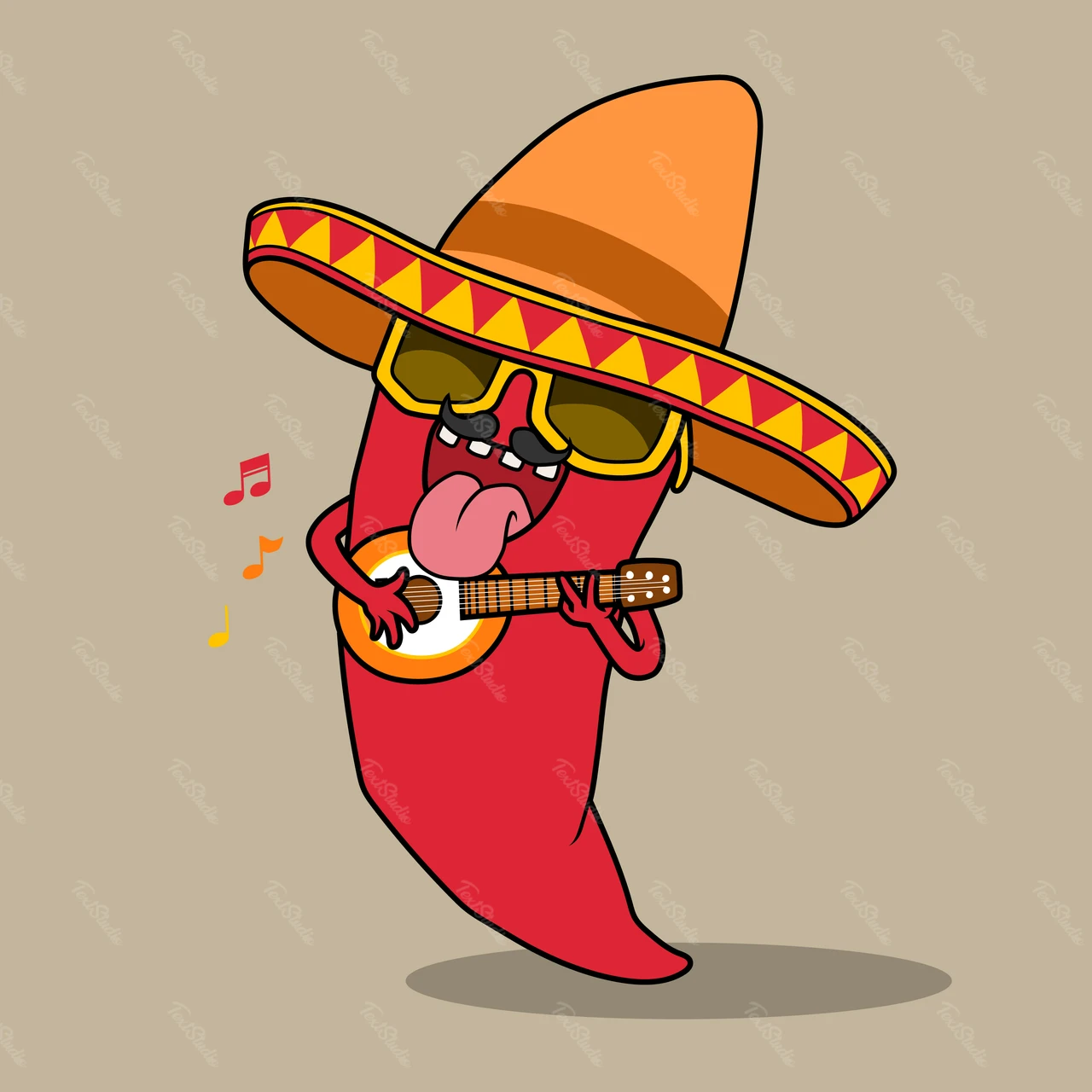 Cartoon Chili Pepper Playing Guitar