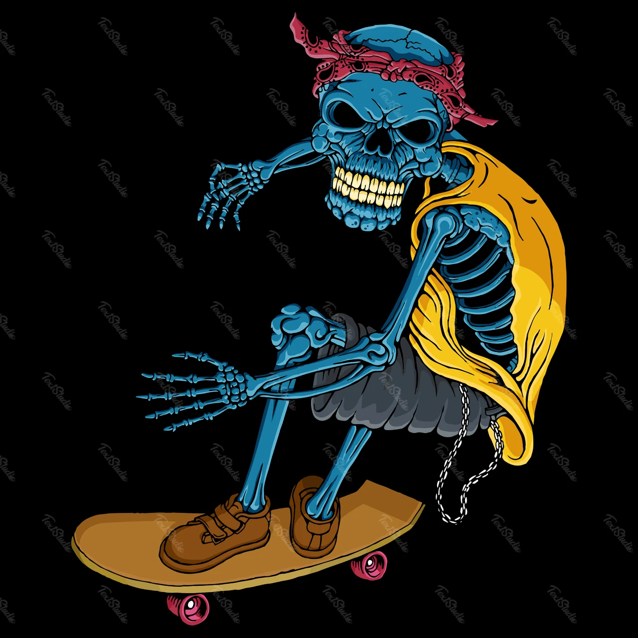 Esqueleto de monopatín en estilo pop art