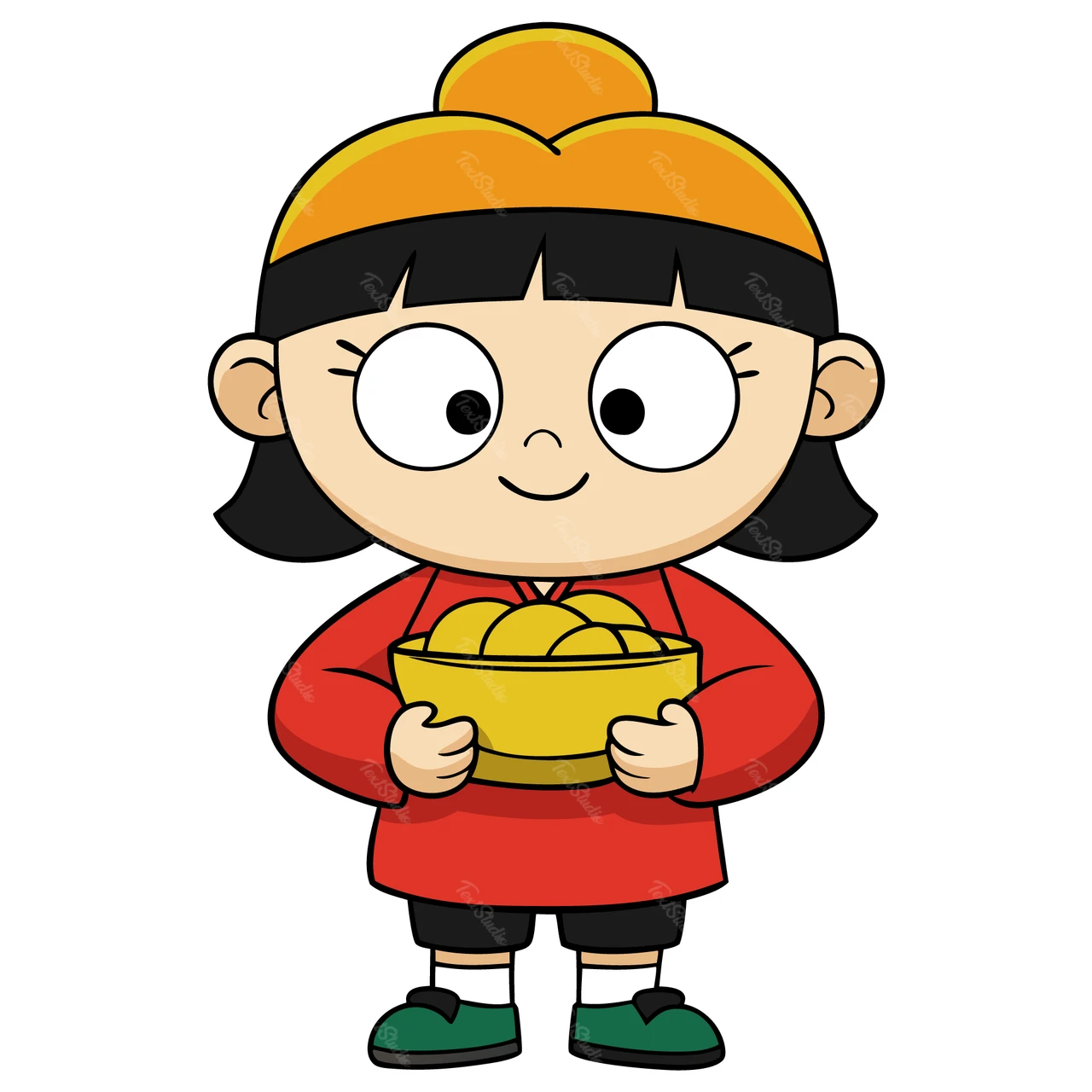 フルーツのボウルを持つ漫画のキャラクター