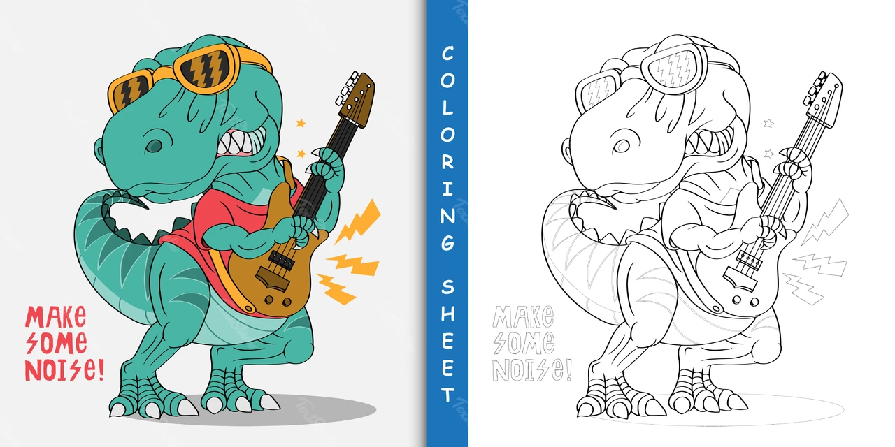 Dibujos animados dinosaurio músico ilustración y colorear