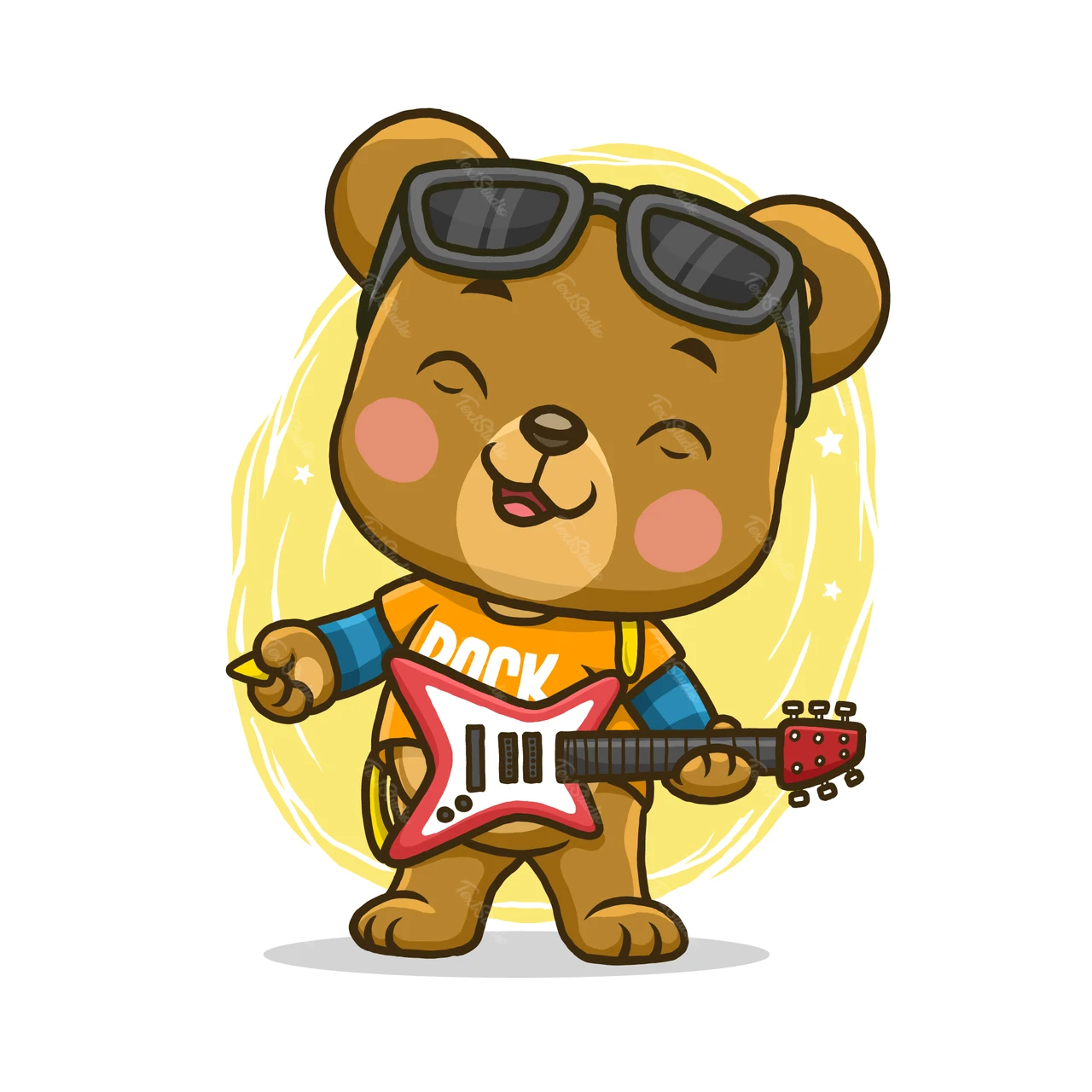 Ilustração de um urso de desenho animado tocando violão