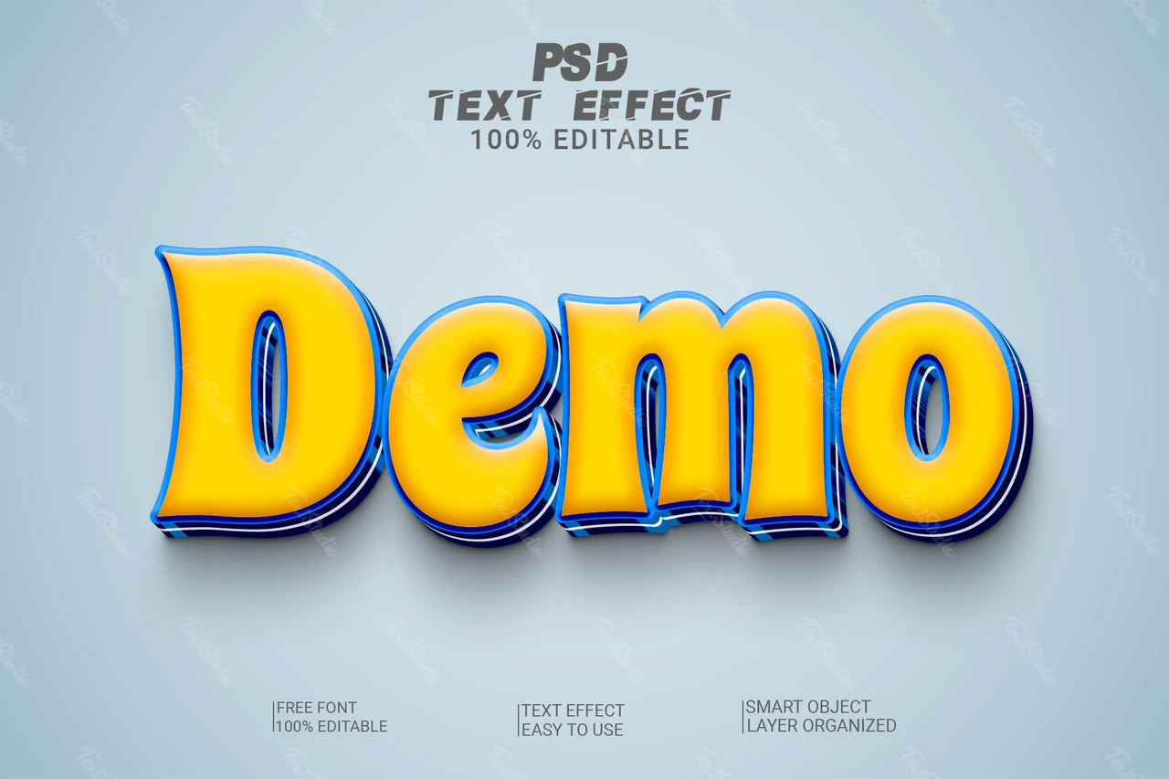 Demo Yellow Cartoon Blue Metallic Edges 3D Text Effect