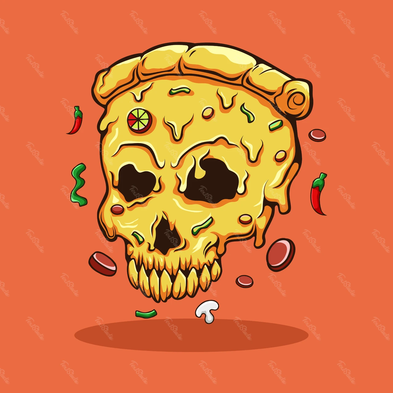 Playful Skull Pizza Illustration