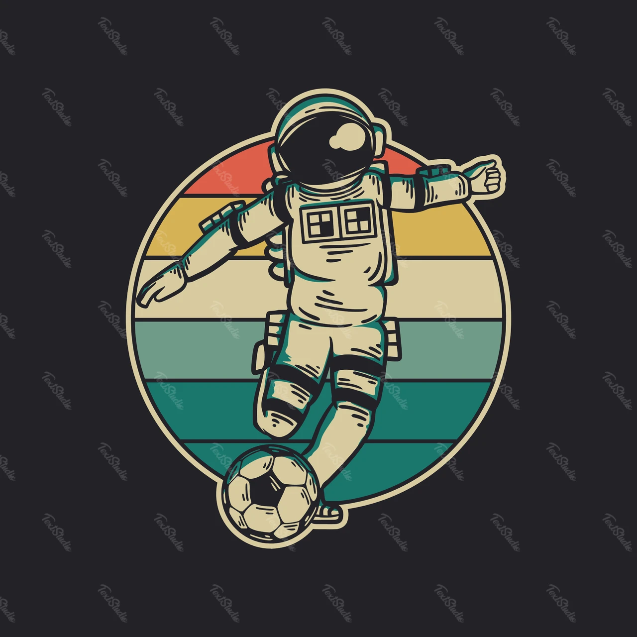 Futurista retro astronauta fútbol ilustración