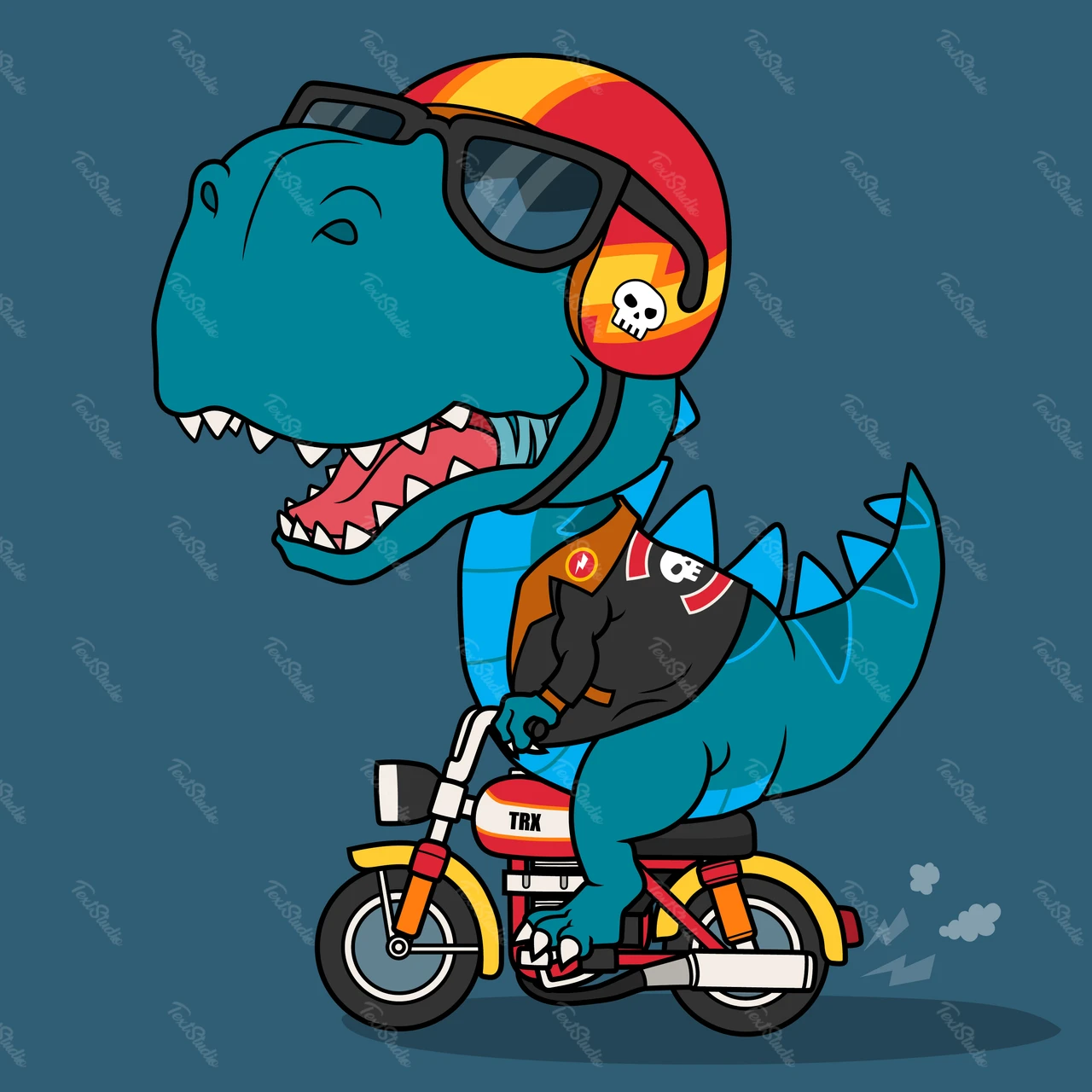 Dinosaurio de dibujos animados en la ilustración de la motocicleta