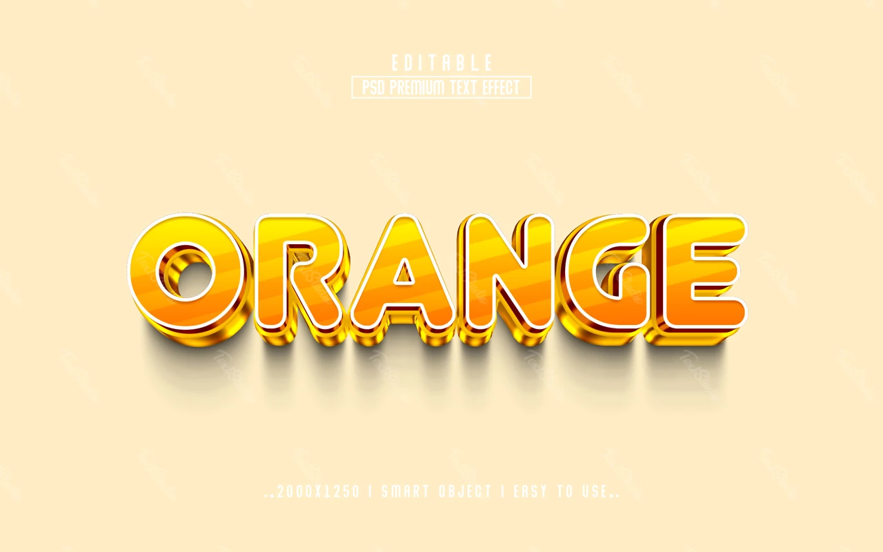 Efeito de texto 3d laranja metálico, brilhante e ensolarado