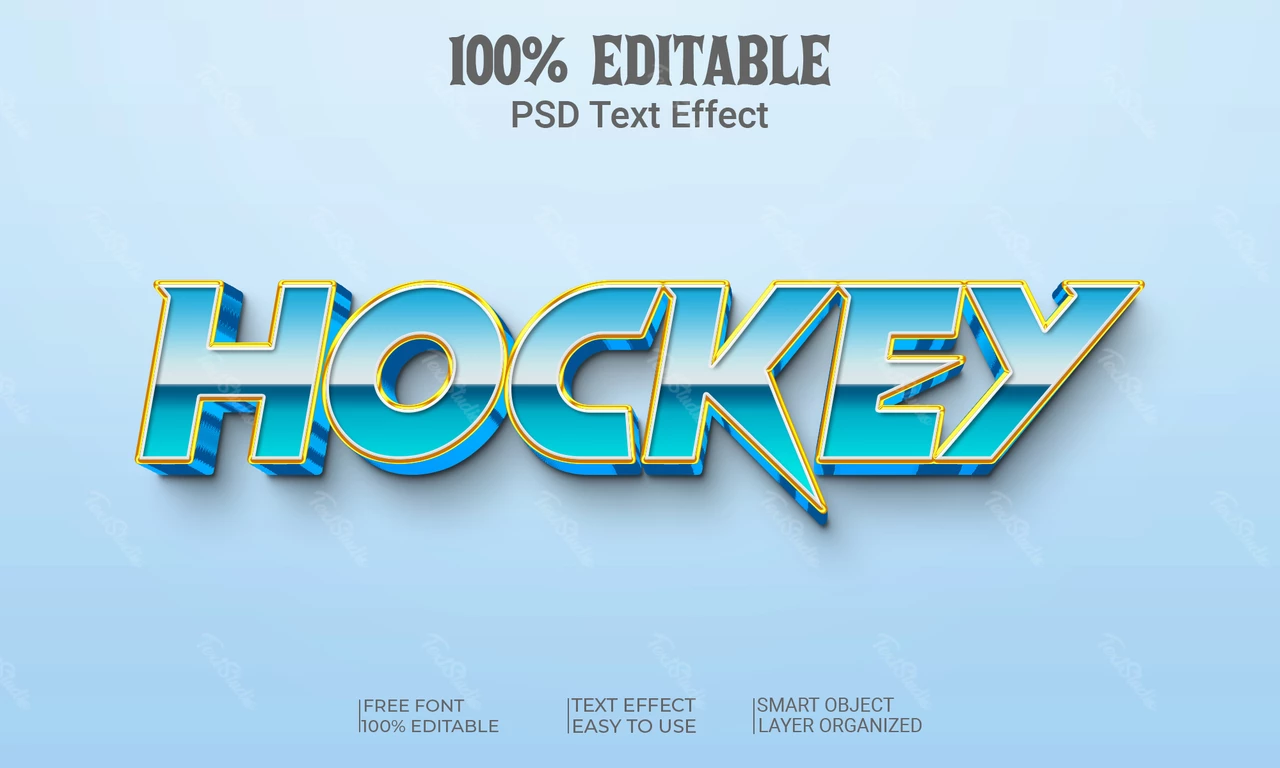 Efeito de texto em 3D de metal azul com nitidez no hóquei