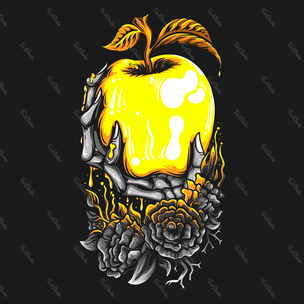 Illustrative Skull Hand with Apple Design