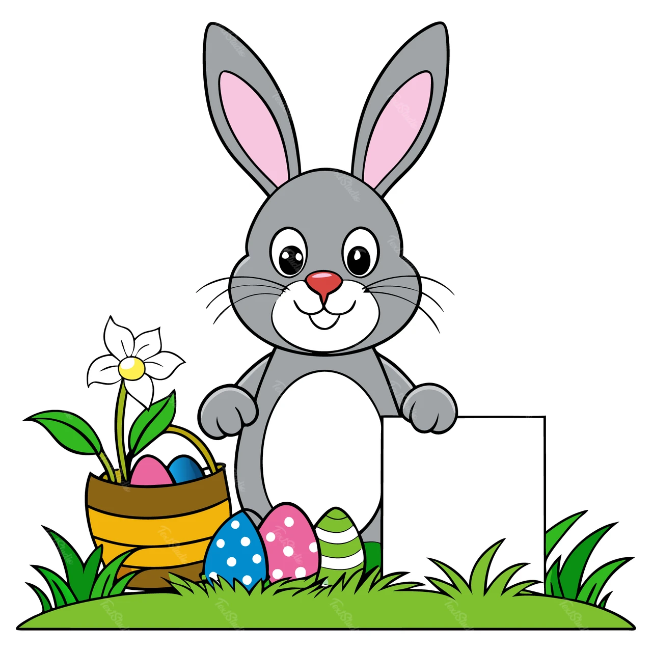 Conejito de dibujos animados con huevos de Pascua ilustración