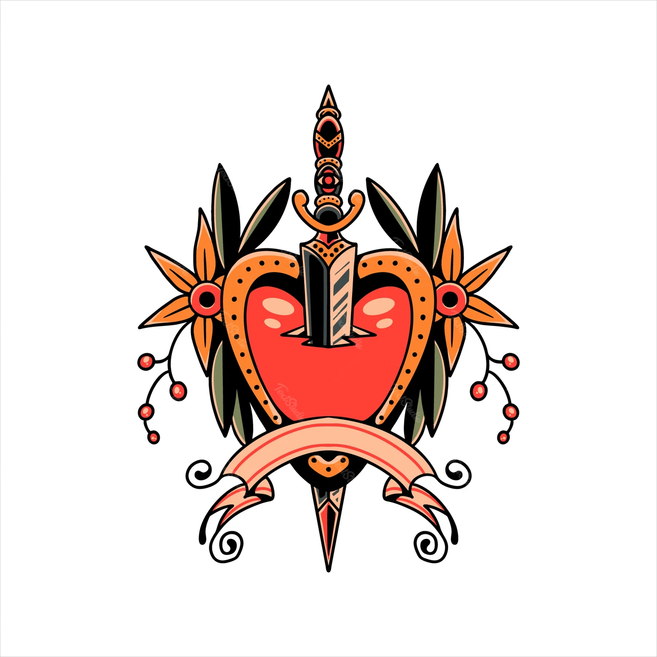 Cuore con spada ed elementi floreali