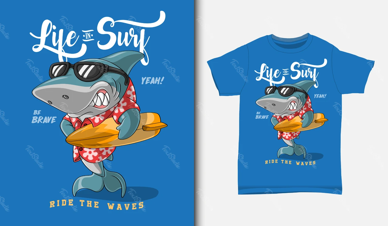 Cartoon Style Shark Surfing T-Shirt Design