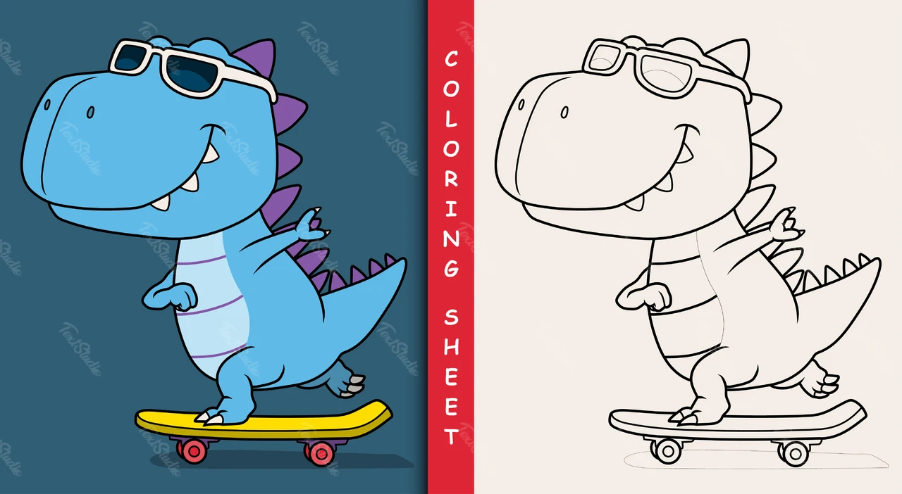 Colorido dinosaurio de dibujos animados en monopatín