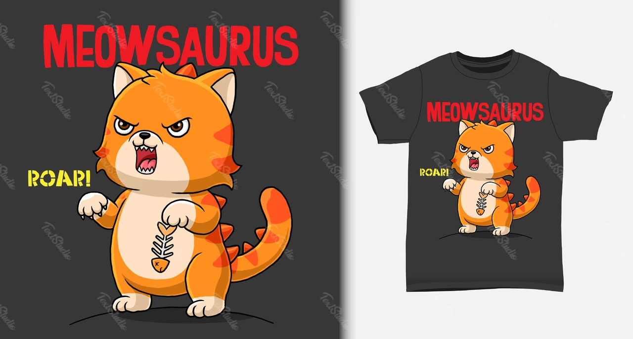 漫画猫恐竜ハイブリッドTシャツデザイン