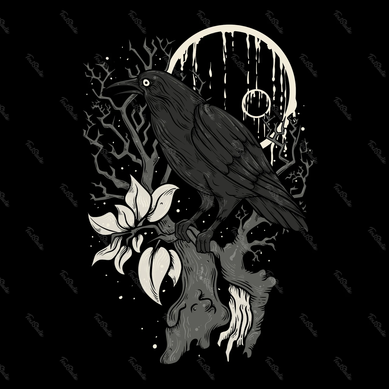 Gothic Style Raven and Moon Illustration