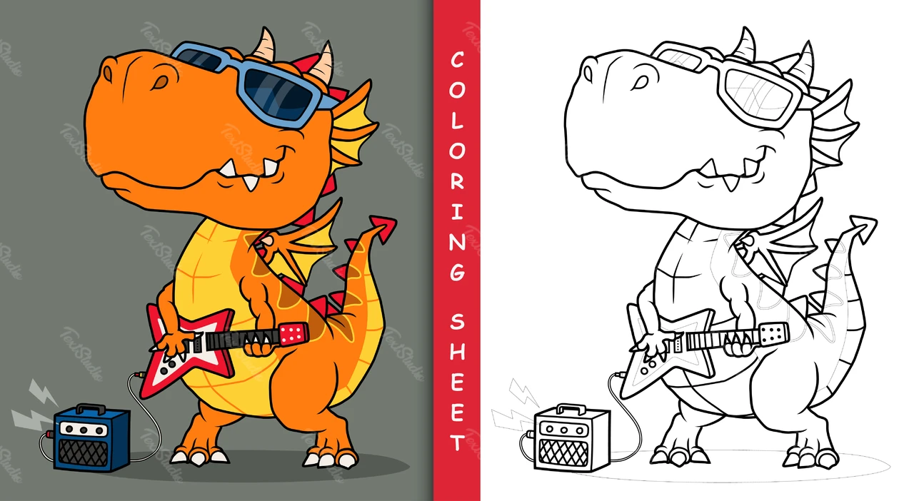 Bunte Cartoon-Dinosaurier mit Gitarre