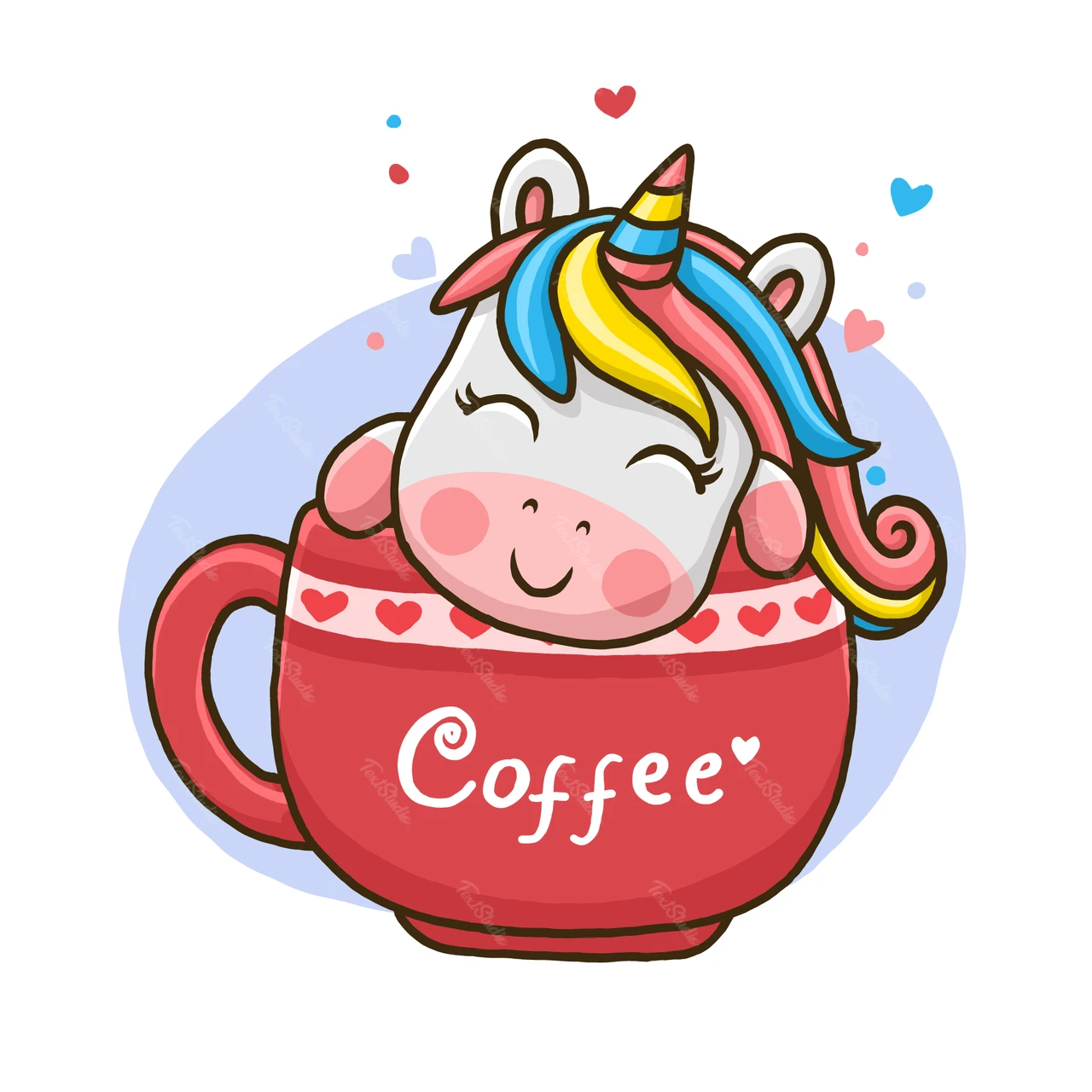コーヒーカップの中のカワイイ風ユニコーンのイラスト