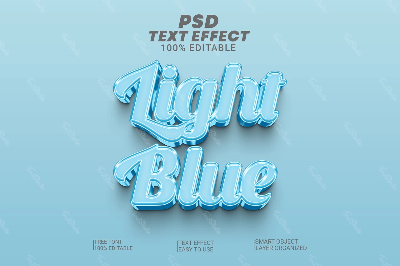 Effet de texte cursif 3d bleu clair brillant métallique simple et monochrome