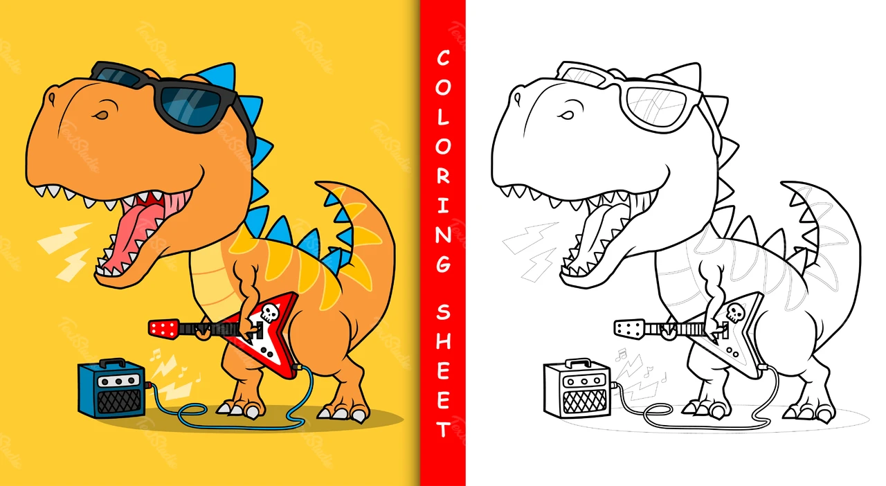 Cartoon Dinosaur Rock Star Coloring Sheet
