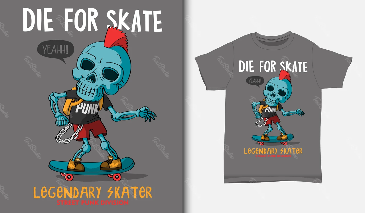 Ilustración de camiseta con temática de monopatín