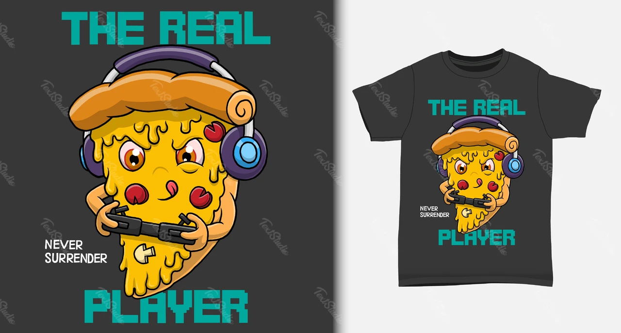 Desenho de camiseta de jogos de pizza no estilo pop art