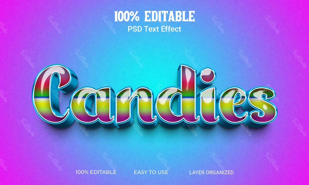 Caramelos de colores brillante efecto de texto 3d