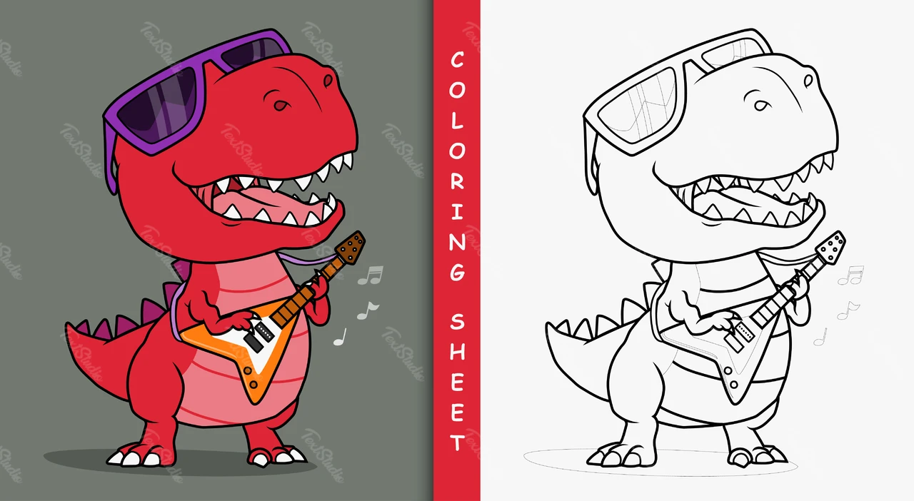 Dibujos de dinosaurios con guitarra para colorear