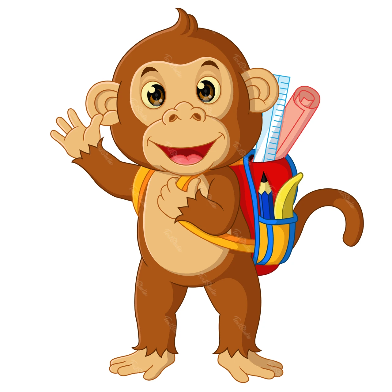 Ilustração de macaco em desenho animado com mochila