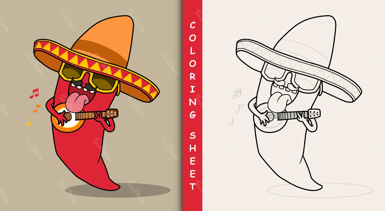 Colorful and Line Art Chili Pepper Illustration