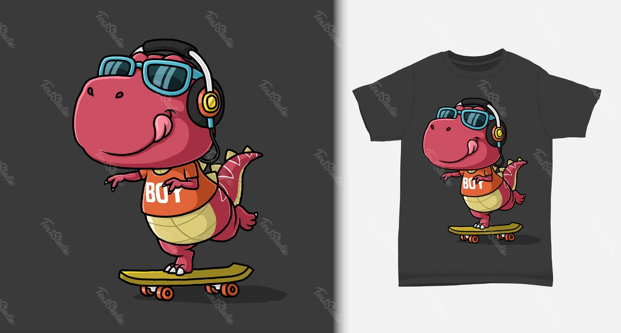 スケートボード上の漫画の恐竜のTシャツデザイン
