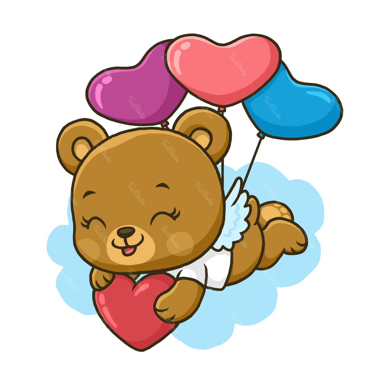 Cute Cartoon Bear with Heart Balloons