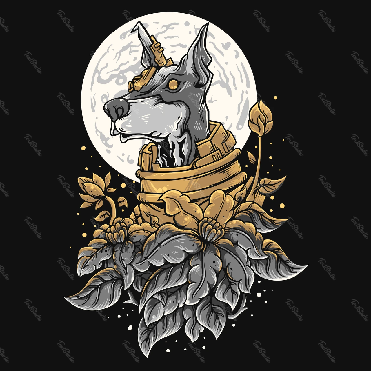 Cosmic Canine Illustration with Floral Elements