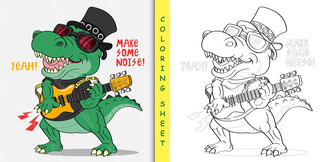 Cartoon Dinosaur Rockstar and Coloring Sheet