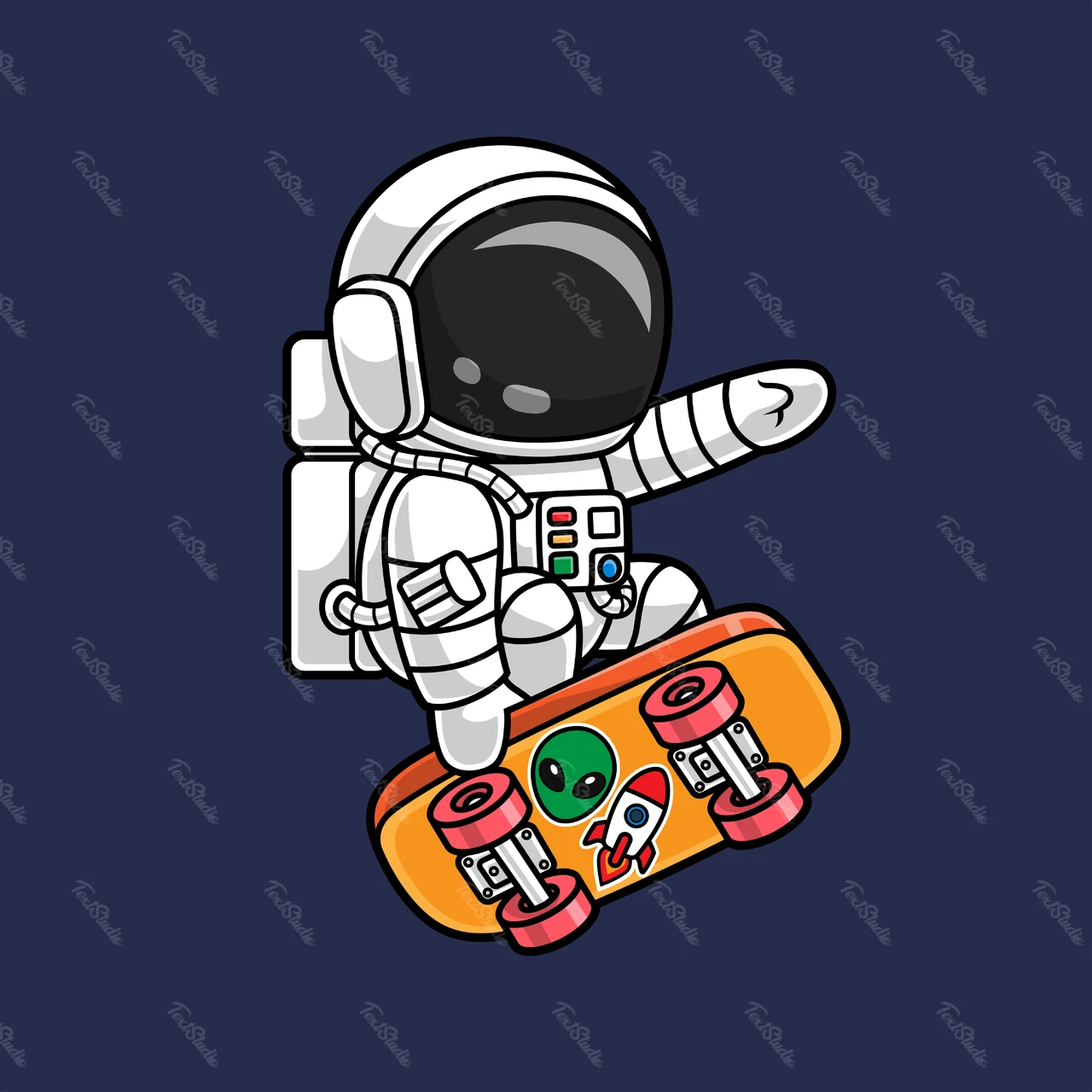 スケートボード上の漫画スタイルの宇宙飛行士イラスト