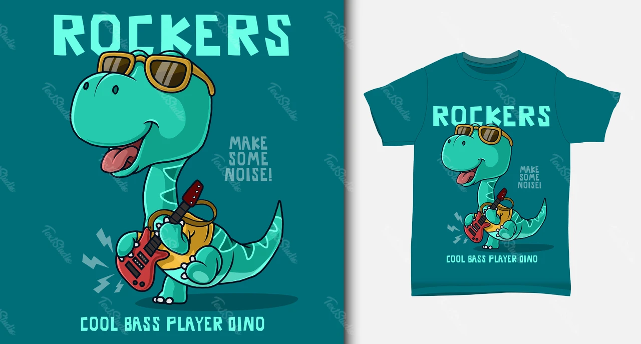 Desenho de camiseta de banda de rock de dinossauro em desenho animado
