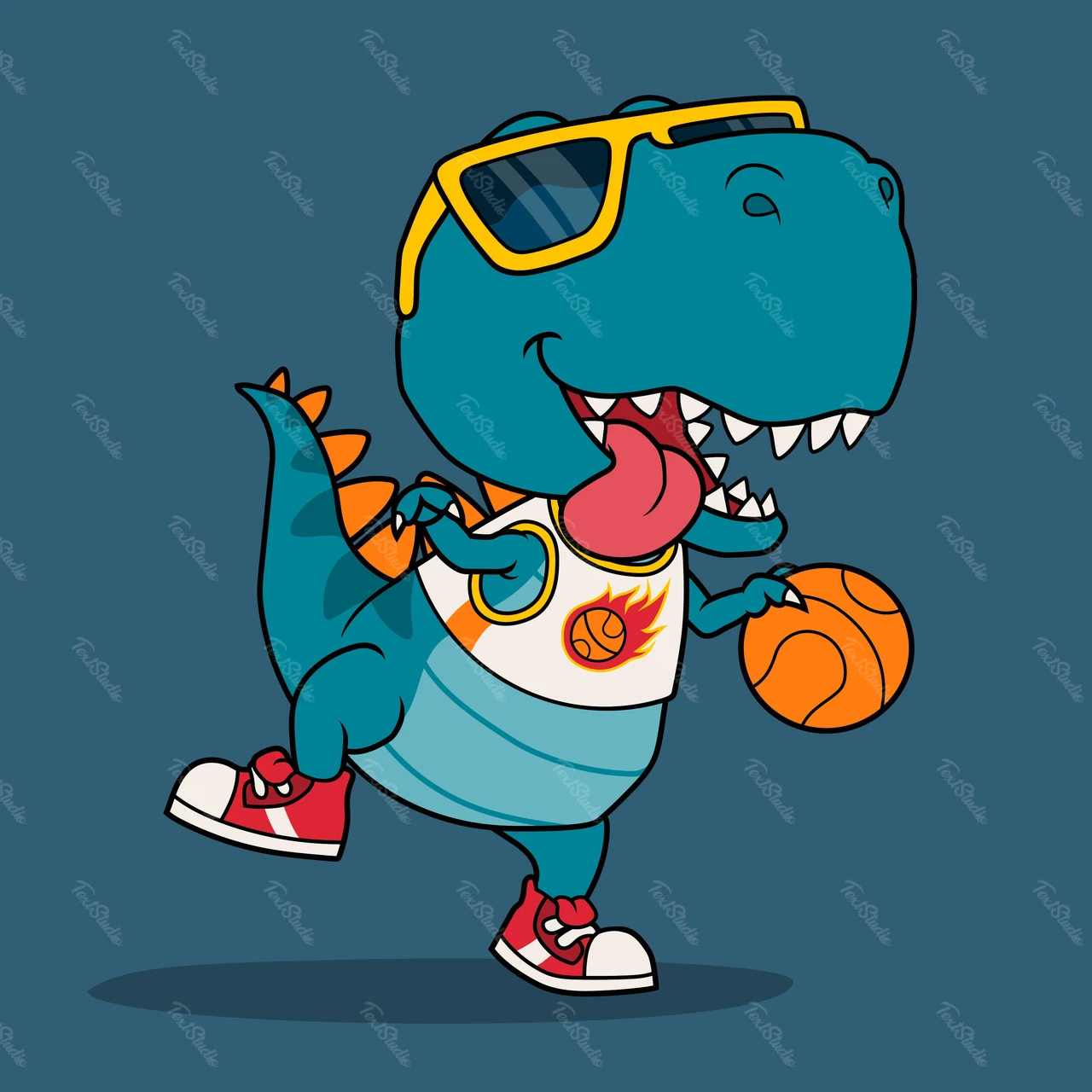 Cartoon Dinosaur Playing Basketball
