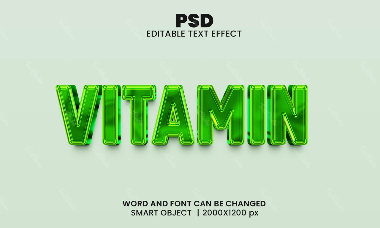 Efeito de texto em 3D de vidro verde de vitamina