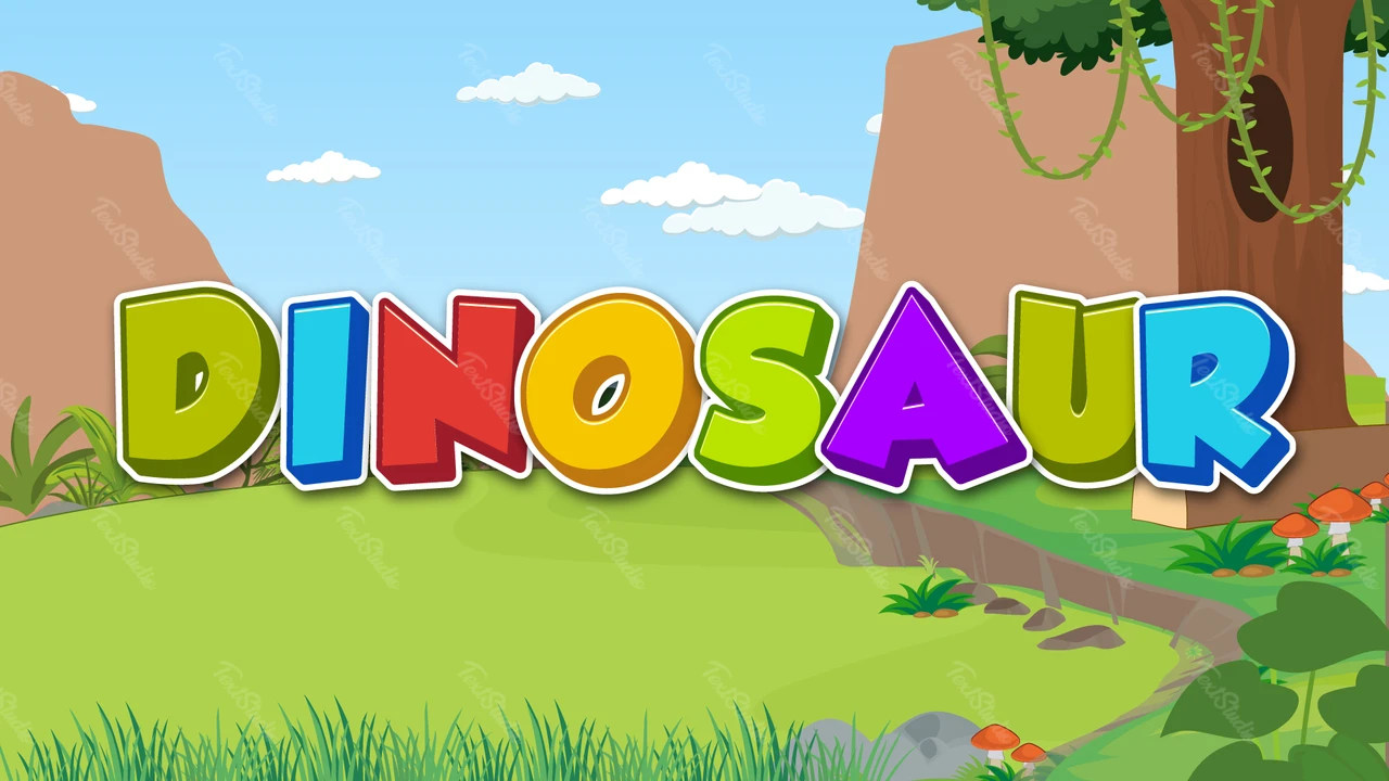 Design colorido do título do jogo de dinossauro de desenho animado