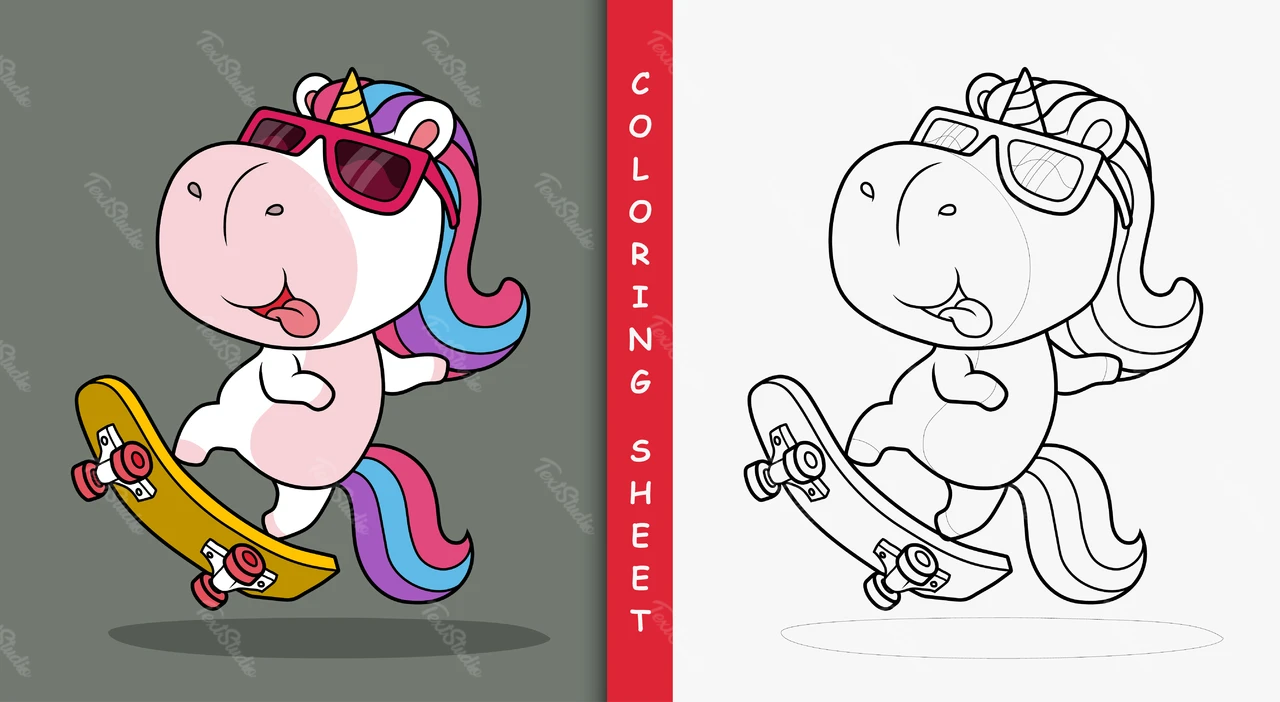 Colorido unicornio de dibujos animados en monopatín