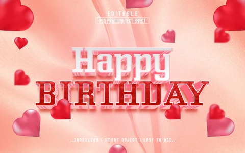 PSD Feliz cumpleaños lindo efecto de texto corazones