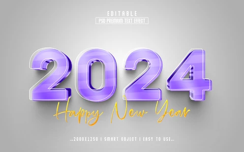 PSD Happy New Year 2024 Lilac Golden Text Effect