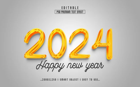 PSD Feliz año nuevo 2024 efecto de texto de oro