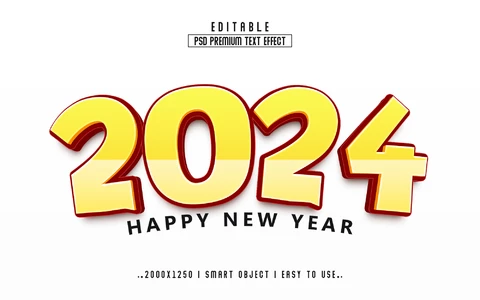 PSD Frohes neues Jahr 2024 Cartoon-Text-Effekt