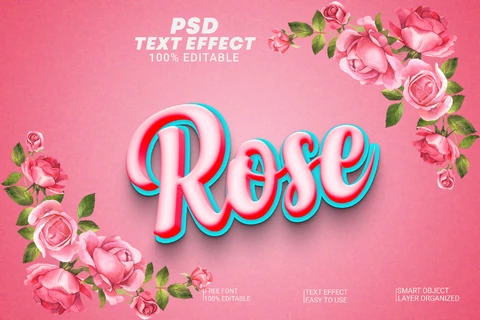 PSD Rosa rosa, lindas flores românticas efeito de texto 3d