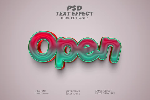 PSD Efeito de texto em 3D de gradiente de vermelho brilhante aberto para azul-petróleo