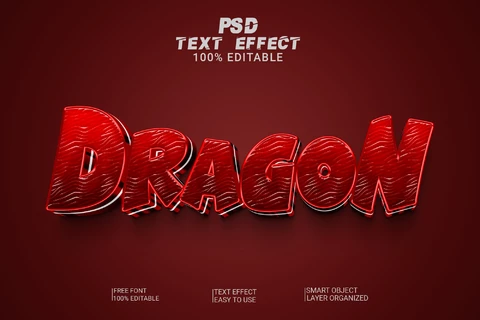 PSD Efeito de texto 3d em itálico de desenho animado de dragão vermelho