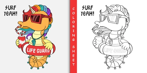 EPS,JPG Colorful Cartoon Seahorse Illustration and Line Art
