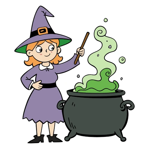 AI,JPG Cartoon Witch with Cauldron Illustration