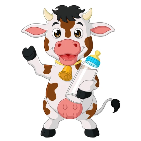 EPS,JPG Cartoon Baby Cow with Milk Bottle Illustration