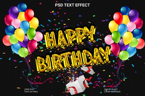 PSD Feliz cumpleaños fiesta de oro estilo de fuente efecto